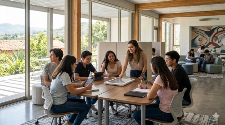 Estudiantes en una reunión en un aula moderna con grandes ventanas y vista a la naturaleza.