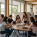 Estudiantes en una reunión en un aula moderna con grandes ventanas y vista a la naturaleza.