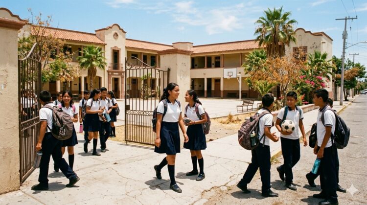 Amplia vista de estudiantes en uniforme escolar en patio de escuela con edificios y palmeras en fondo.
