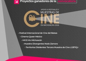 El cartel anuncia los proyectos ganadores del apoyo financiero en festivales y muestras de cine en Michoacán 2026.
