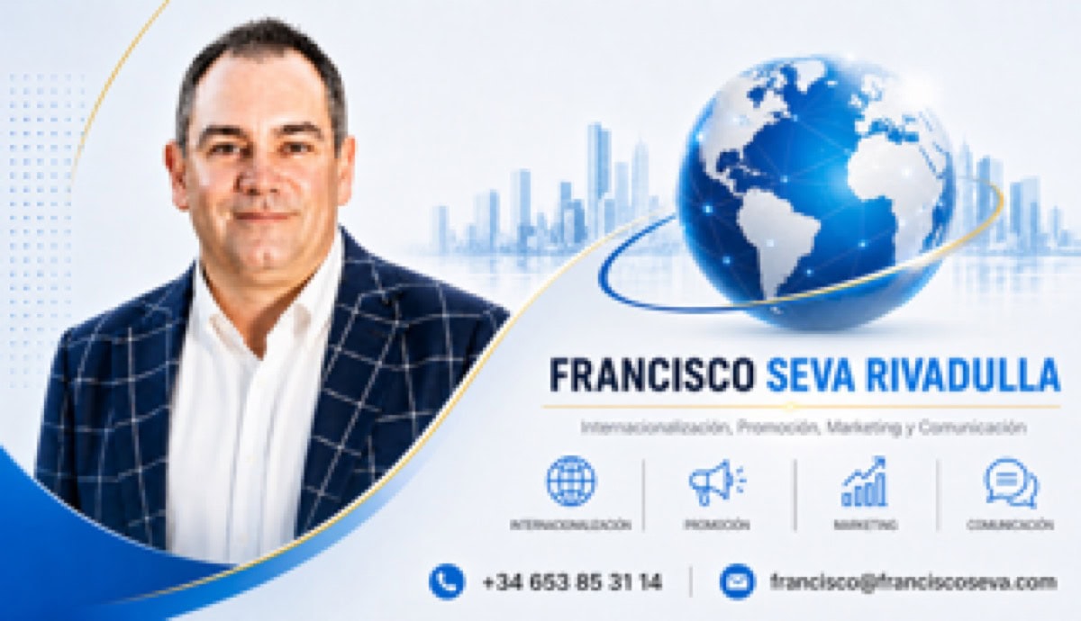 Descripción clara de la tarjeta de presentación de Francisco Seva Rivadulla, especialista en internacionalización y promoción.