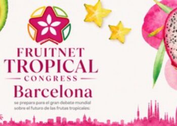 Imagen de frutas tropicales y el logo del Congreso en Barcelona.