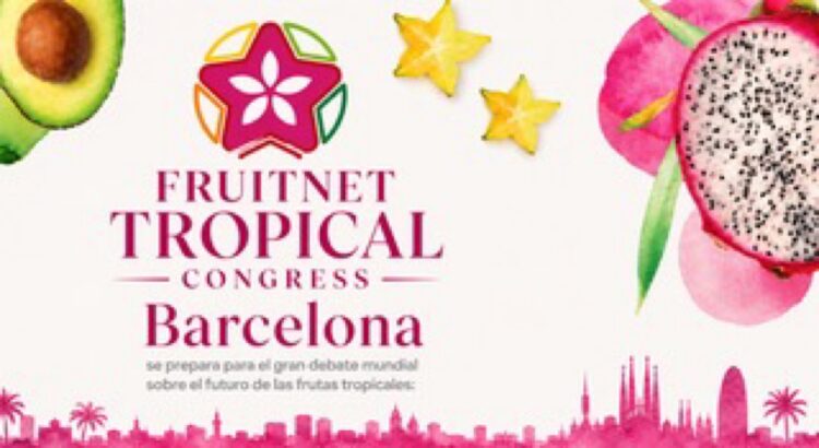 Imagen de frutas tropicales y el logo del Congreso en Barcelona.
