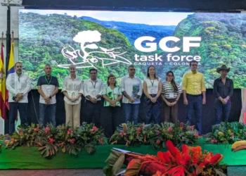 Grupo de personas en una conferencia con fondo digital de naturaleza y logo de GCF.