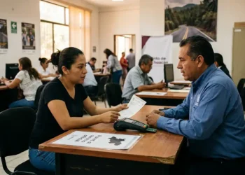 Mujer y hombre en oficina revisando documentos y hablando en una reunión laboral.