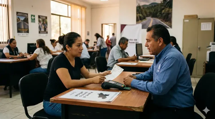 Mujer y hombre en oficina revisando documentos y hablando en una reunión laboral.