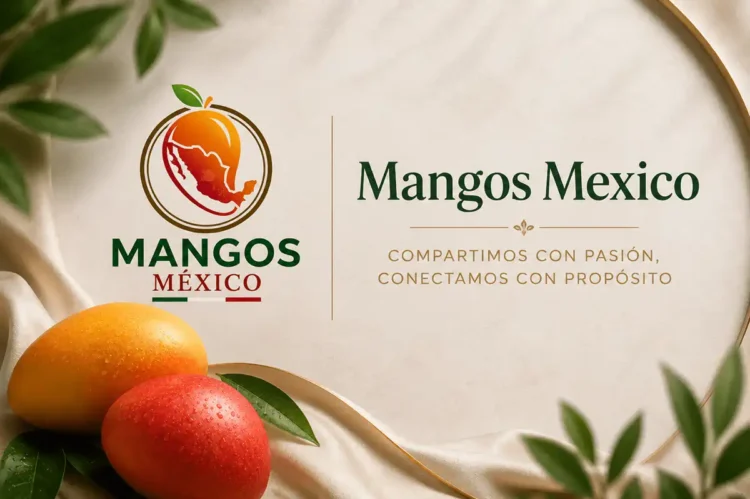 Imagen de dos mangos maduros, uno amarillo y otro rojo, acompañados de hojas verdes, en un fondo natural y elegante.