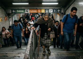 Persona mayor usando bastón en estación de metro concurrida.
