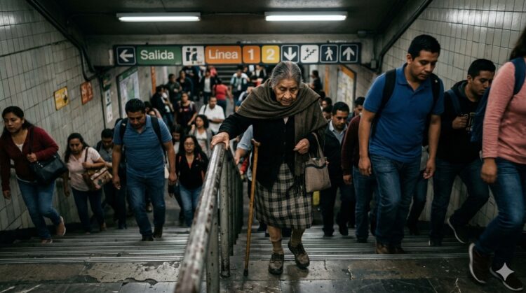 Persona mayor usando bastón en estación de metro concurrida.