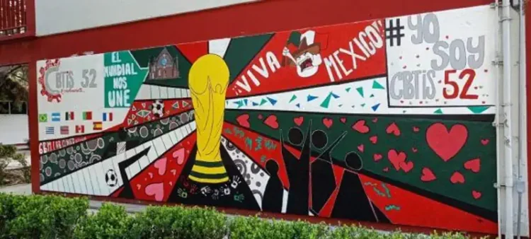 Pintura mural con motivos patrióticos, corazones y símbolos nacionales en una pared exterior.