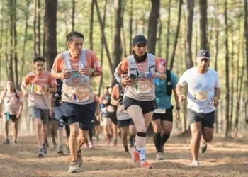 Participantes corriendo en una carrera de trail en un bosque, con árboles altos y luz solar filtrándose entre las hojas.