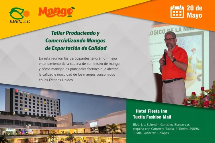 Imagen de un conferencista en un taller sobre exportación de mangos en un evento regional.