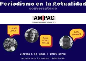 Anuncio del conversatorio sobre periodismo en Michoacán y Jalisco, con fecha y lugar del evento.