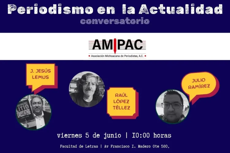 Anuncio del conversatorio sobre periodismo en Michoacán y Jalisco, con fecha y lugar del evento.