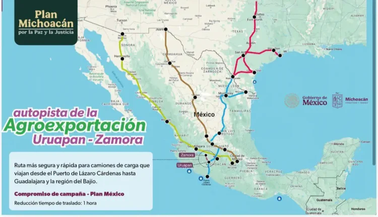 Mapa de la autopista que conecta Uruapan y Zamora en Michoacán y Jalisco, con rutas y puntos clave señalados en colores.