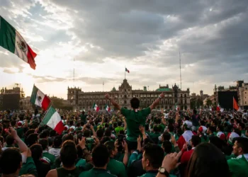 Multitud de personas en una manifestación en la Ciudad de México, ondeando banderas mexicanas bajo un cielo nublado.
