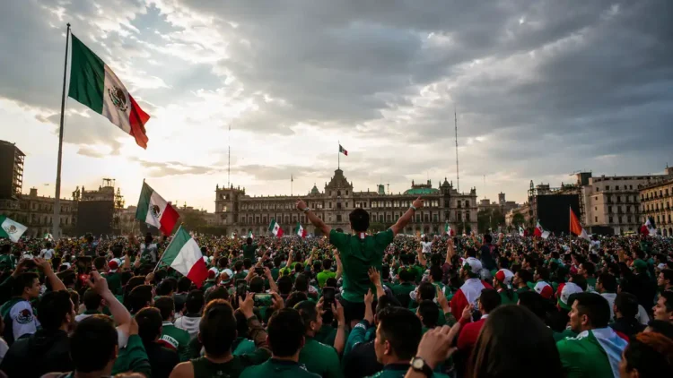 Multitud de personas en una manifestación en la Ciudad de México, ondeando banderas mexicanas bajo un cielo nublado.