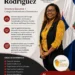 Benencia Rodríguez, directora del Colegio Gastronómico Dominicano, en un evento con bandera dominicana de fondo.