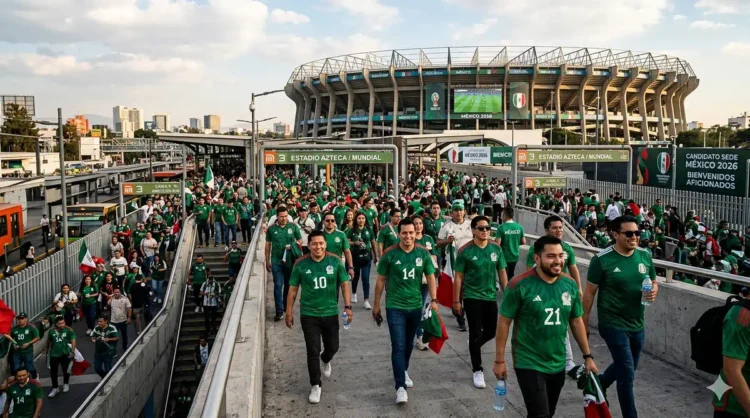 Aficionados con camisetas verdes ingresan al Estadio Azteca para apoyar a la selección mexicana.