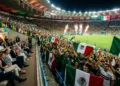 Aficionados mexicanos celebran con banderas en estadio durante partido internacional.