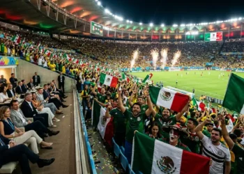 Aficionados mexicanos celebran con banderas en estadio durante partido internacional.