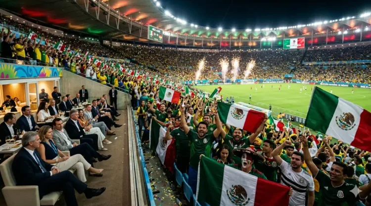 Aficionados mexicanos celebran con banderas en estadio durante partido internacional.