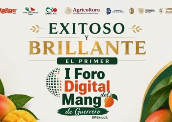 Cartel del I Foro Digital del Mango de Guerrero con logotipos y frutas en fondo claro.