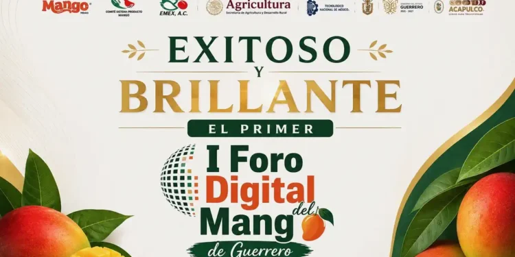 Cartel del I Foro Digital del Mango de Guerrero con logotipos y frutas en fondo claro.