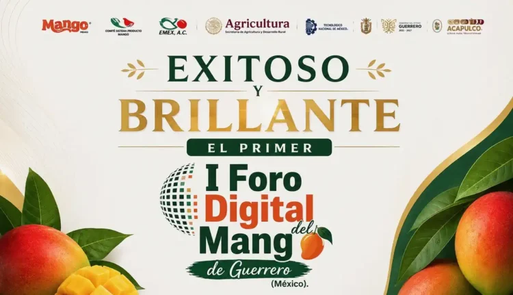 Cartel del I Foro Digital del Mango de Guerrero con logotipos y frutas en fondo claro.