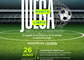 Cartel promocional con balón de fútbol, red y estadio, promoviendo juego limpio y combate a la corrupción en Michoacán.
