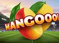 Logo de una fruta mangoo en un estadio de fútbol con cielo al atardecer de fondo.