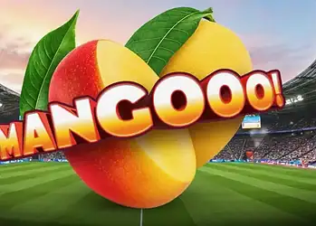 Logo de una fruta mangoo en un estadio de fútbol con cielo al atardecer de fondo.