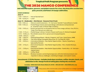 Programa de la conferencia Mango 2026 en el Jardín Botánico Tropical de Fairchild, con expertos en cultivo y agricultura.