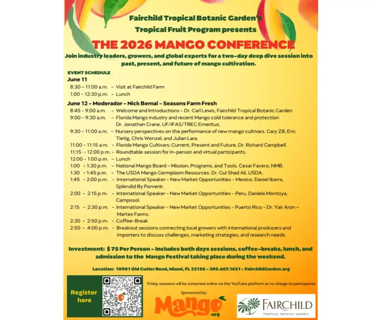 Programa de la conferencia Mango 2026 en el Jardín Botánico Tropical de Fairchild, con expertos en cultivo y agricultura.
