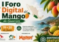 Mangos maduros y verdes en un cesto, con fondo de paisaje costero y montañas, en un cartel del foro del mango en Guerrero.