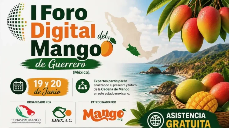 Mangos maduros y verdes en un cesto, con fondo de paisaje costero y montañas, en un cartel del foro del mango en Guerrero.