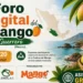 Mangos maduros y verdes en un cesto, con fondo de paisaje costero y montañas, en un cartel del foro del mango en Guerrero.