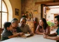 Familia conversando en una mesa de madera en una casa con paredes de piedra y ventanas grandes.