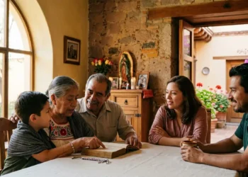Familia conversando en una mesa de madera en una casa con paredes de piedra y ventanas grandes.