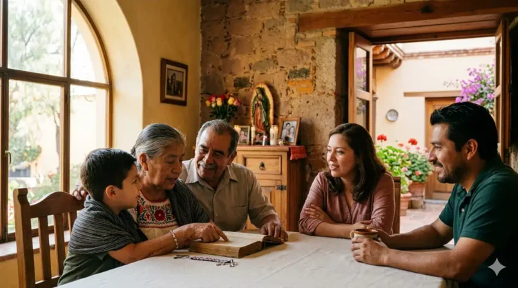 Familia conversando en una mesa de madera en una casa con paredes de piedra y ventanas grandes.