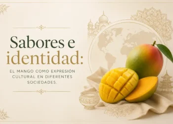 Imagen de un mango maduro y cortado, con fondo de elementos culturales y mapas del mundo, representando la identidad y sabore.