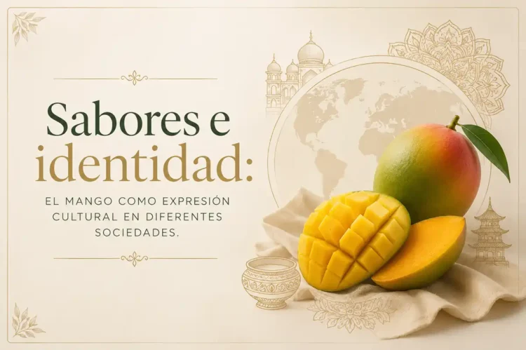 Imagen de un mango maduro y cortado, con fondo de elementos culturales y mapas del mundo, representando la identidad y sabore.