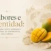 Imagen de un mango maduro y cortado, con fondo de elementos culturales y mapas del mundo, representando la identidad y sabore.