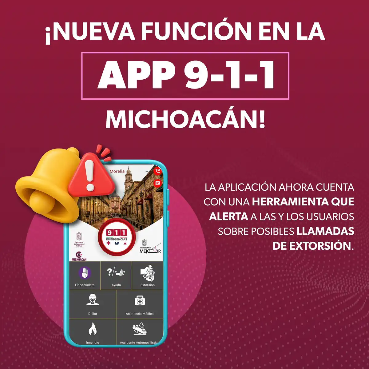 Pantalla de la aplicación 9-1-1 de Michoacán con alertas de llamadas de extorsión.