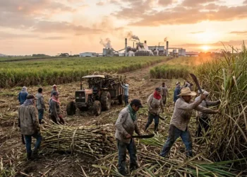 Trabajadores cosechan caña de azúcar en un campo al atardecer, con maquinaria agrícola y un cielo nublado en el fondo.