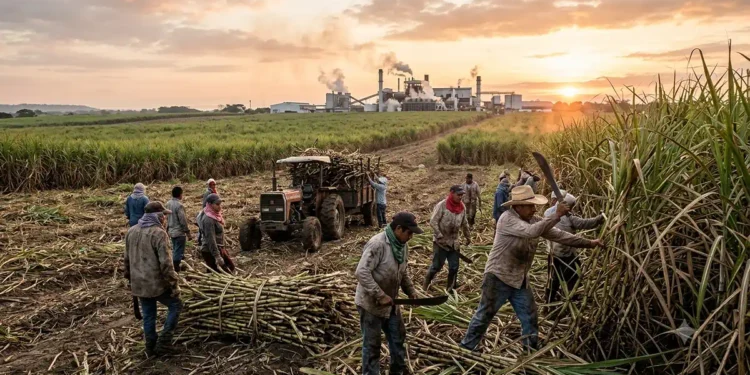 Trabajadores cosechan caña de azúcar en un campo al atardecer, con maquinaria agrícola y un cielo nublado en el fondo.