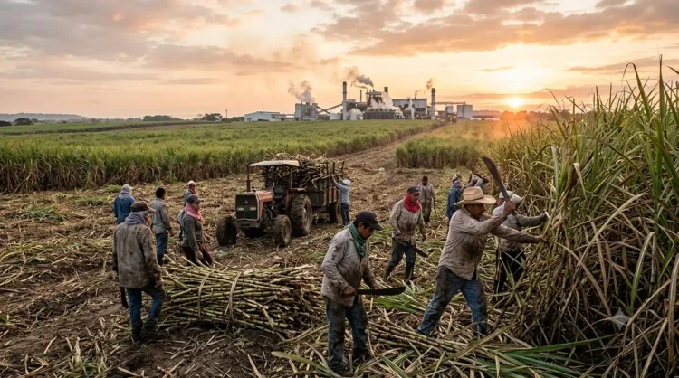 Trabajadores cosechan caña de azúcar en un campo al atardecer, con maquinaria agrícola y un cielo nublado en el fondo.