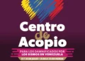 Logotipo del Centro de Acopio con corazón multicolor y texto en español para apoyo a afectados por sismos en Venezuela.
