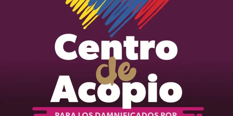 Logotipo del Centro de Acopio con corazón multicolor y texto en español para apoyo a afectados por sismos en Venezuela.