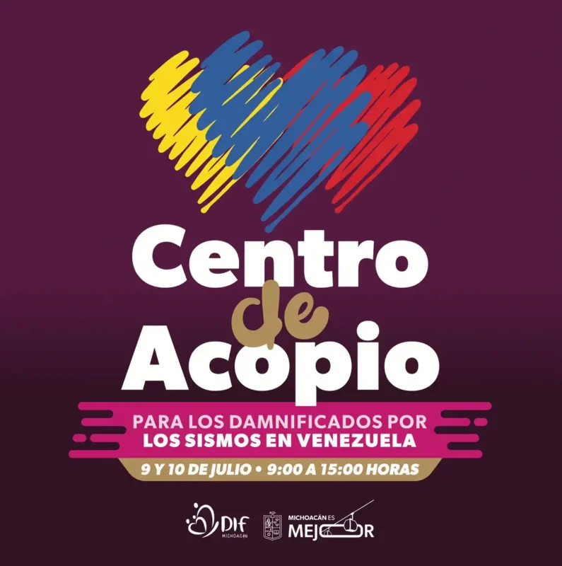 Logotipo del Centro de Acopio con corazón multicolor y texto en español para apoyo a afectados por sismos en Venezuela.